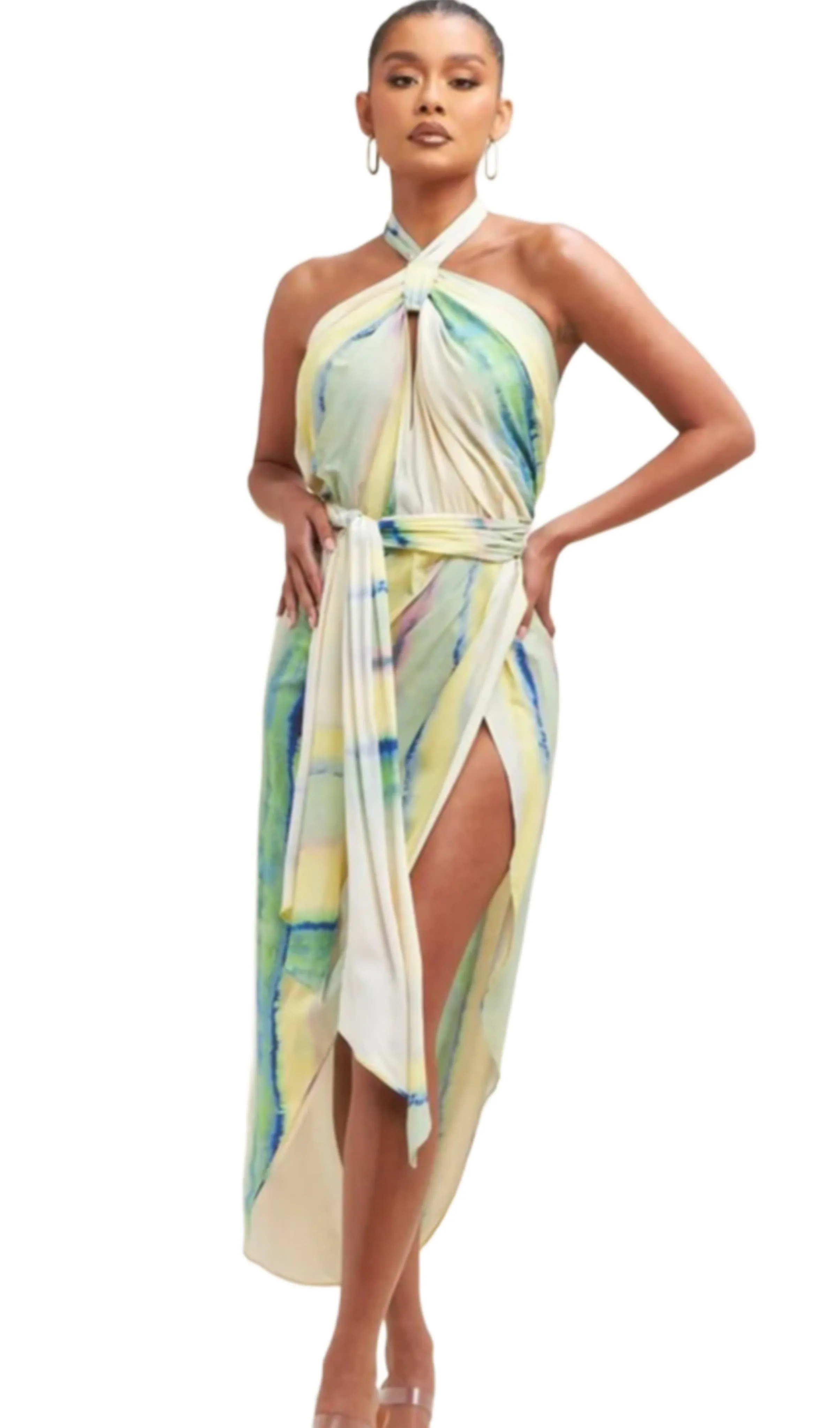Cabo Stripe Halter Midi Wrap Dress