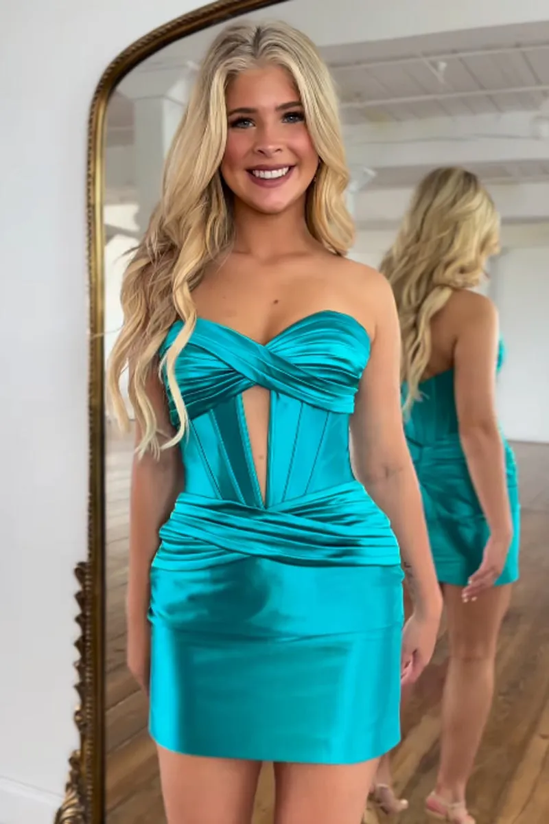 Cute Peacock Blue Sweetheart Bodycon Short Homecoming Dresses VK24053003