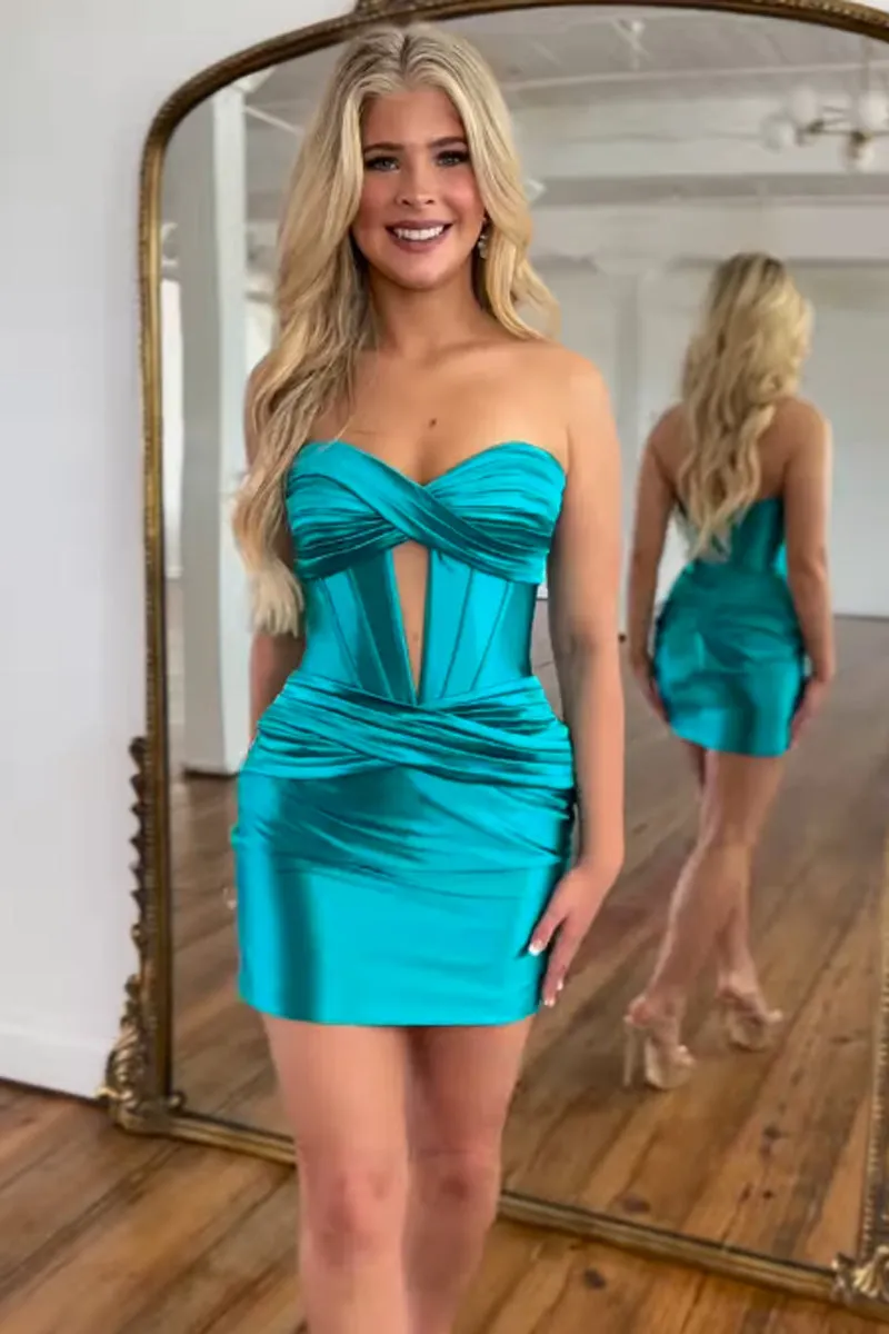 Cute Peacock Blue Sweetheart Bodycon Short Homecoming Dresses VK24053003
