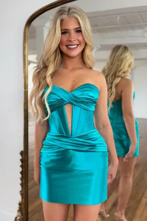 Cute Peacock Blue Sweetheart Bodycon Short Homecoming Dresses VK24053003