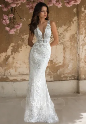 Deep V-Neck Spaghetti Straps Mermaid Boho Wedding Dress Floor-Length Lace Beach Dress with Appliques