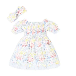 Ditsy Print Floral Puff Sleeves Dress With Hairband - Multi