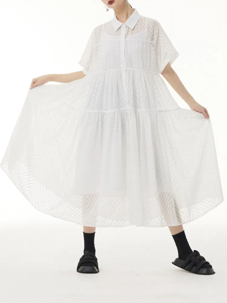 Long Dress Lace Gauze Shirt Dress Casual Women Short Sleeve Dress Summer Over Size Collar Dress
