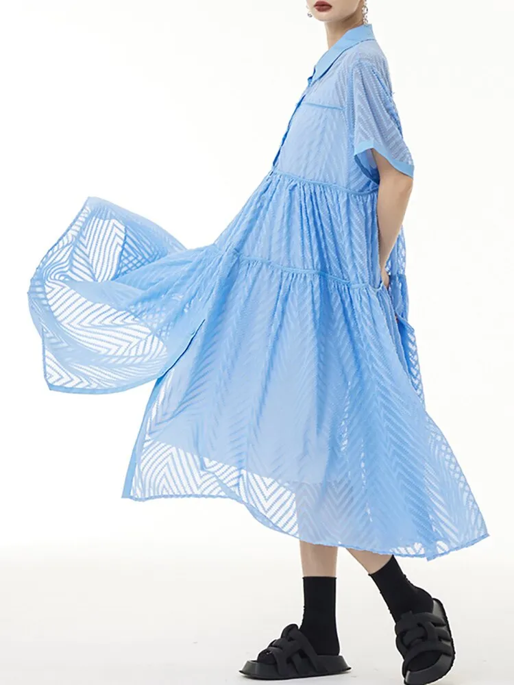 Long Dress Lace Gauze Shirt Dress Casual Women Short Sleeve Dress Summer Over Size Collar Dress