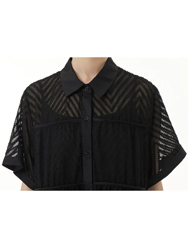 Long Dress Lace Gauze Shirt Dress Casual Women Short Sleeve Dress Summer Over Size Collar Dress