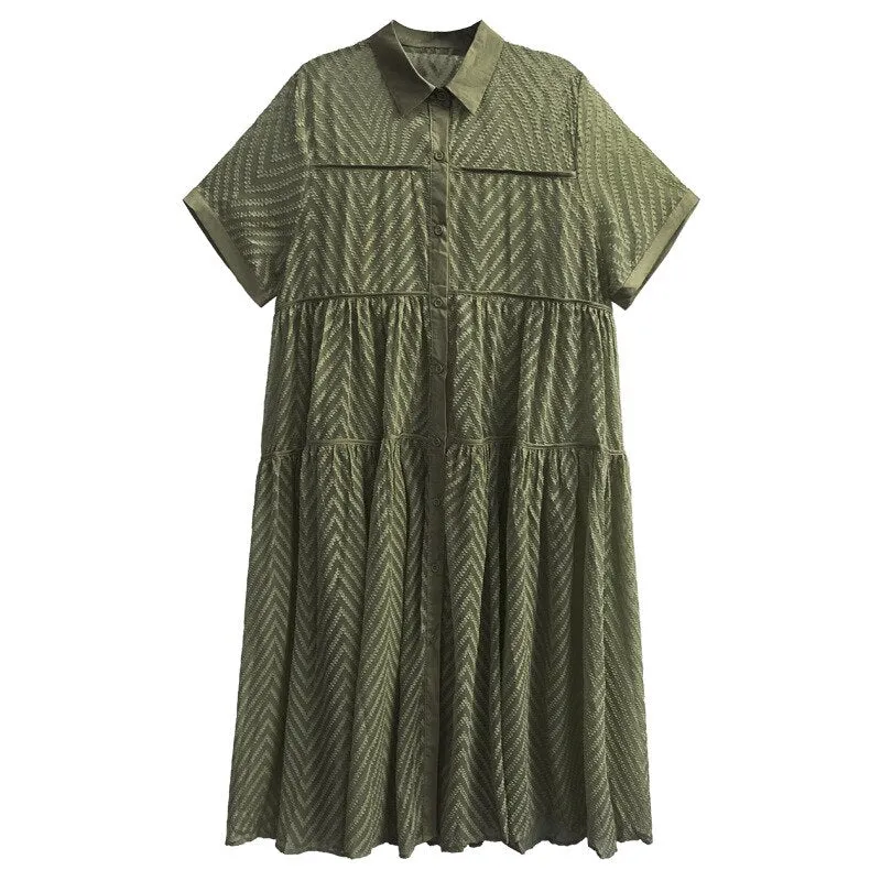 Long Dress Lace Gauze Shirt Dress Casual Women Short Sleeve Dress Summer Over Size Collar Dress