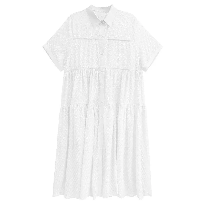 Long Dress Lace Gauze Shirt Dress Casual Women Short Sleeve Dress Summer Over Size Collar Dress