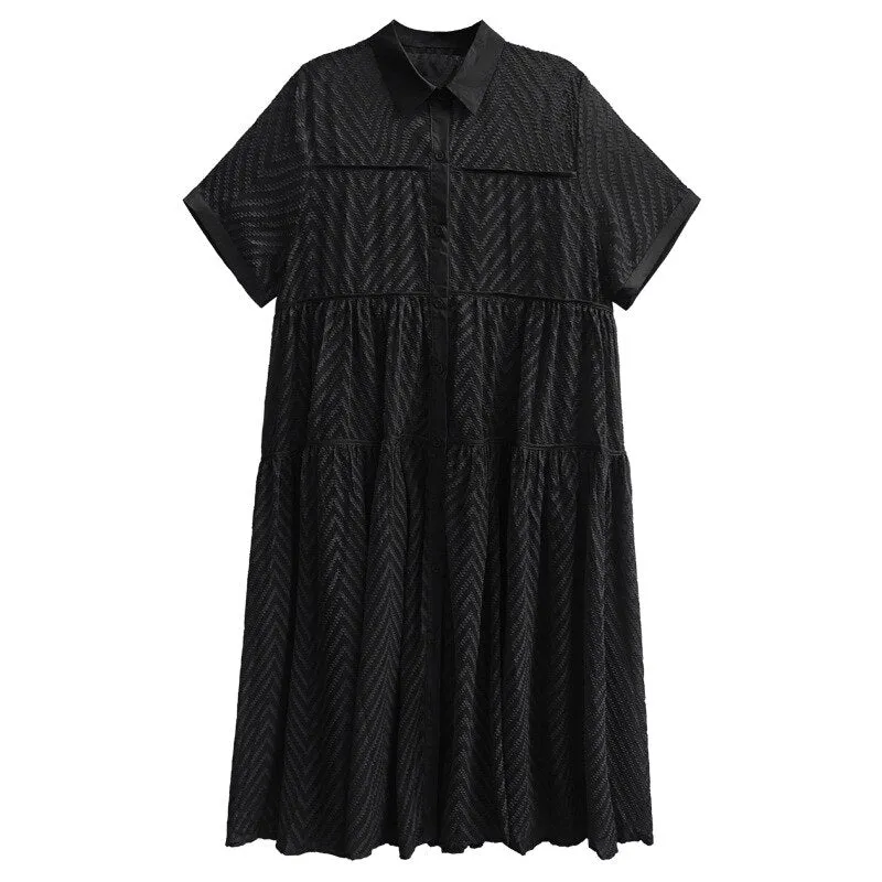Long Dress Lace Gauze Shirt Dress Casual Women Short Sleeve Dress Summer Over Size Collar Dress