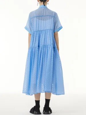Long Dress Lace Gauze Shirt Dress Casual Women Short Sleeve Dress Summer Over Size Collar Dress