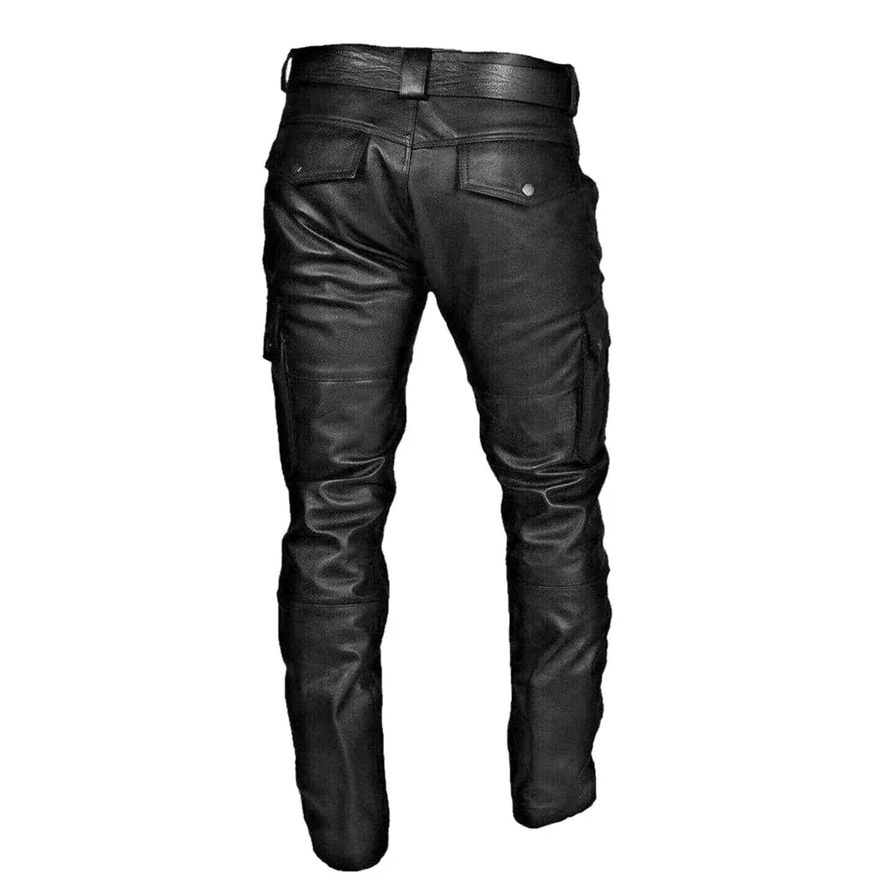 Mens Biker Pants  Faux Leather  Tapered Fit  Cargo Pockets  Full Length