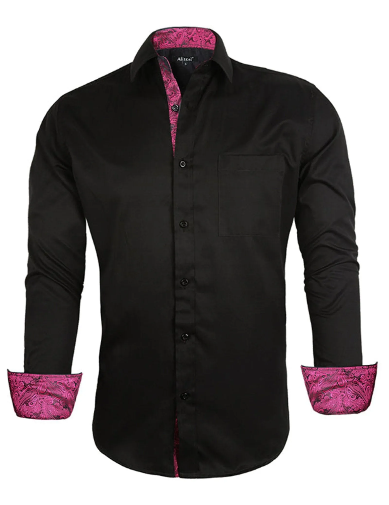Men's Business Slim Fit Dress Shirt Long Sleeve Patchwork Button-Down Shirt, 004-Black Hot Pink