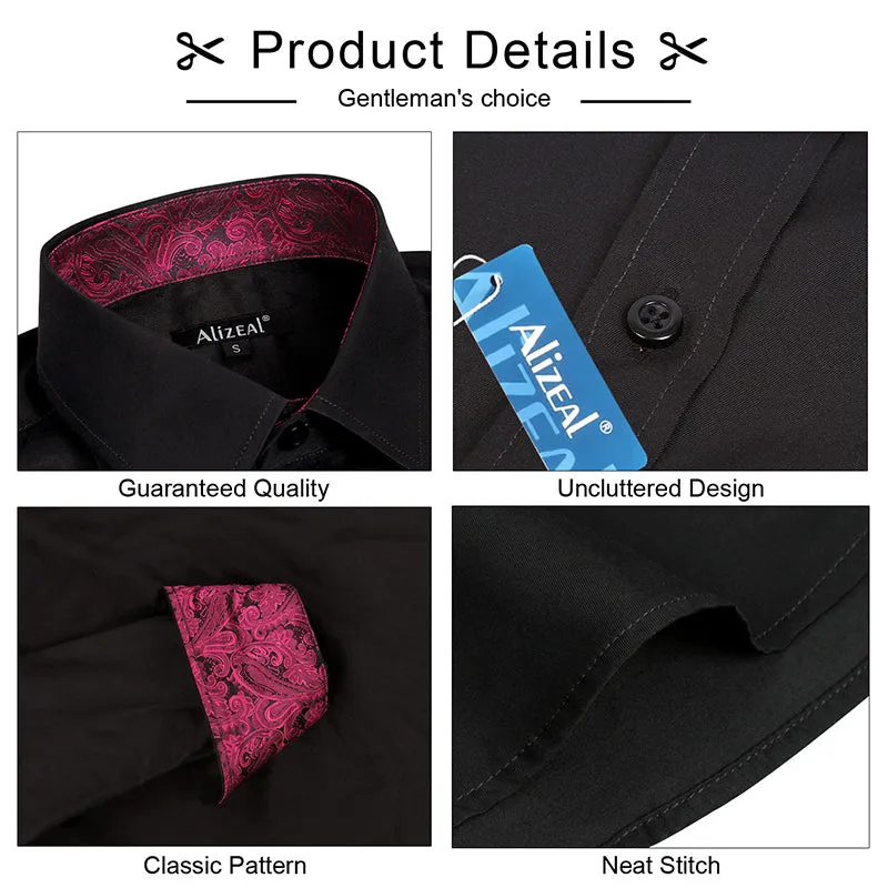 Men's Business Slim Fit Dress Shirt Long Sleeve Patchwork Button-Down Shirt, 004-Black Hot Pink