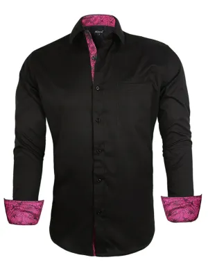 Men's Business Slim Fit Dress Shirt Long Sleeve Patchwork Button-Down Shirt, 004-Black Hot Pink