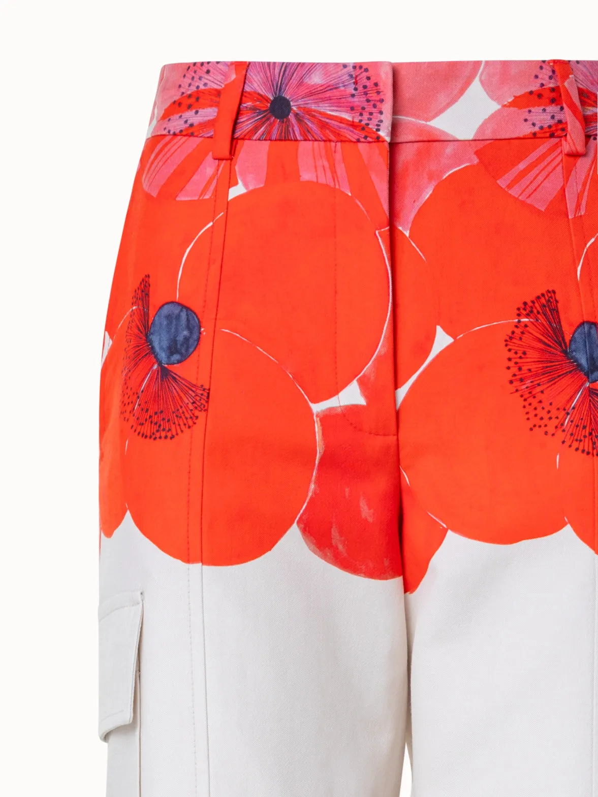 Straight Cotton Silk Cargo Pants with Poppy Print