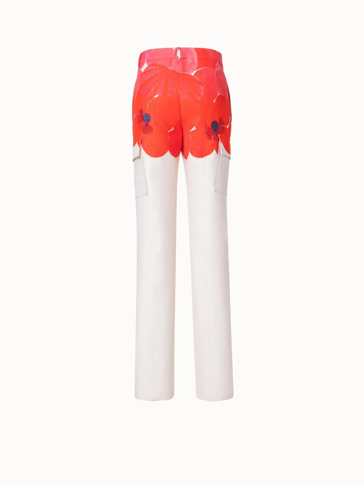 Straight Cotton Silk Cargo Pants with Poppy Print