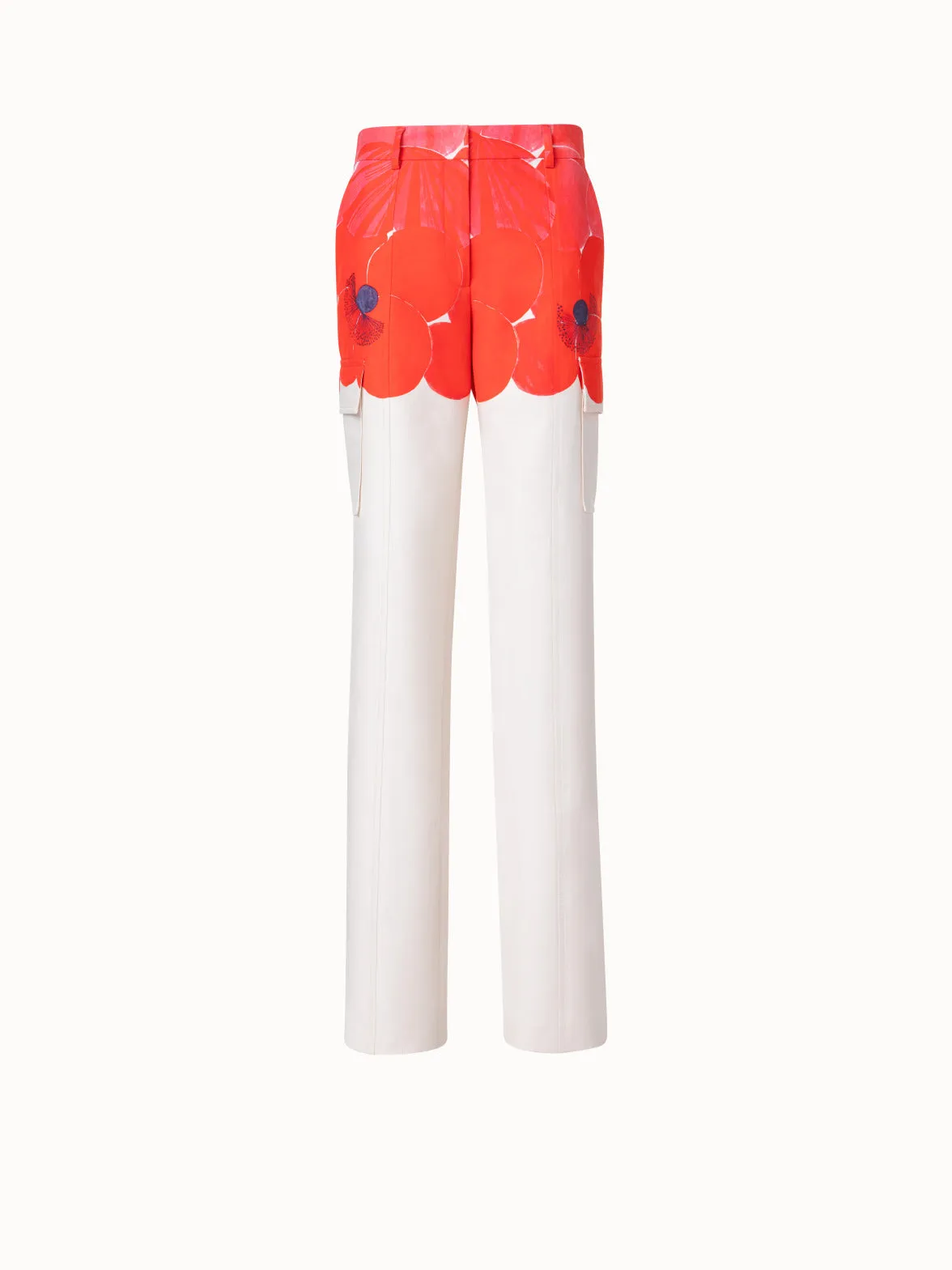 Straight Cotton Silk Cargo Pants with Poppy Print