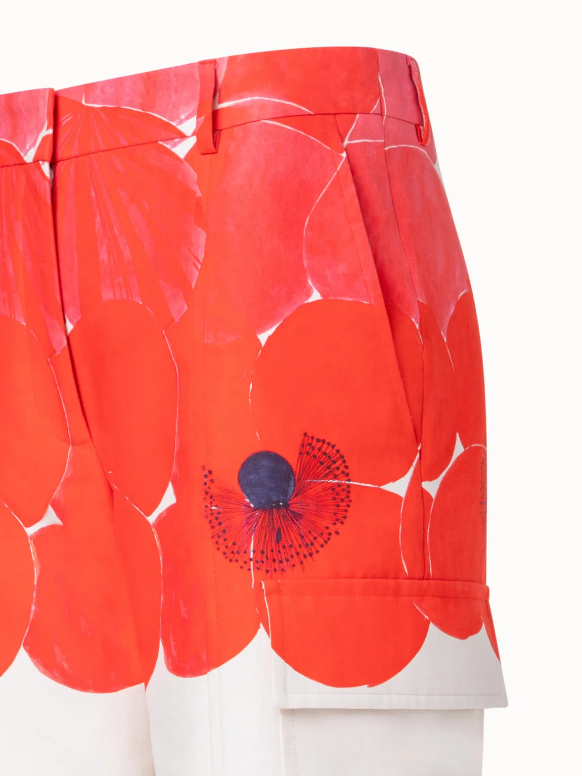 Straight Cotton Silk Cargo Pants with Poppy Print