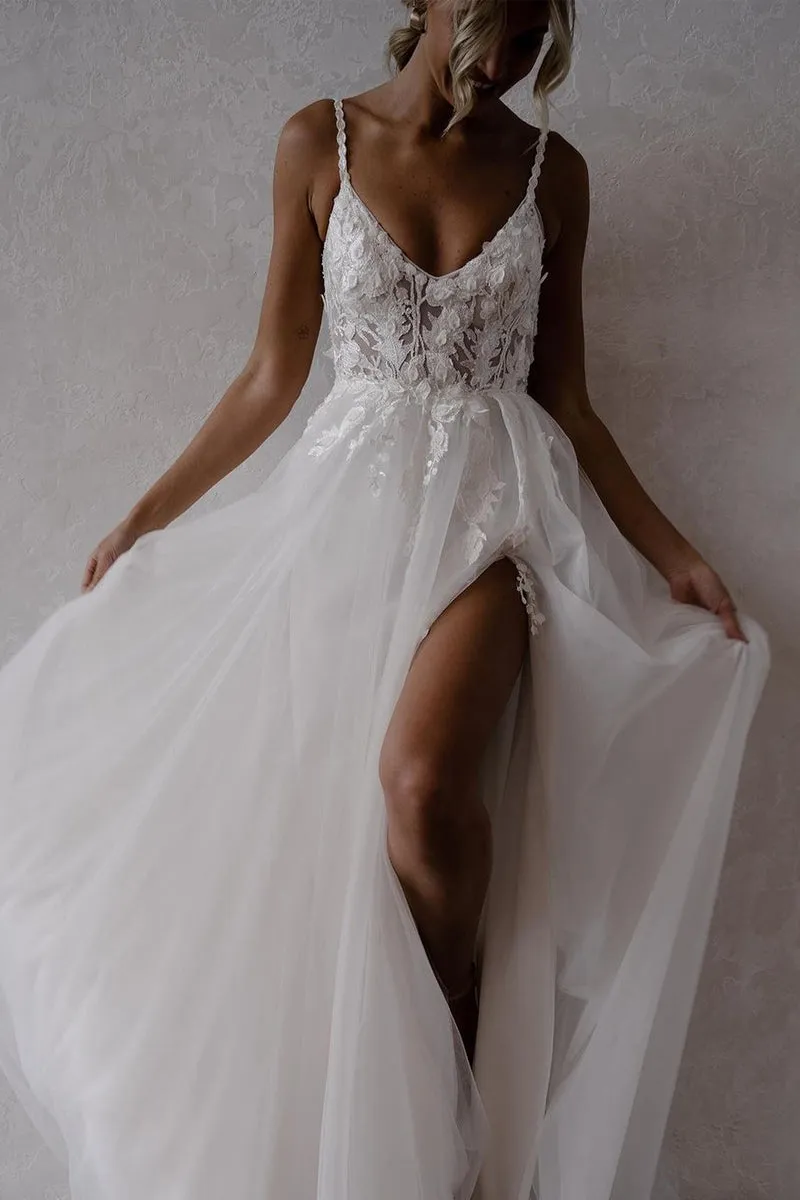 Stunning A-Line V Neck Tulle Boho Wedding Dresses with Slit VK23081009