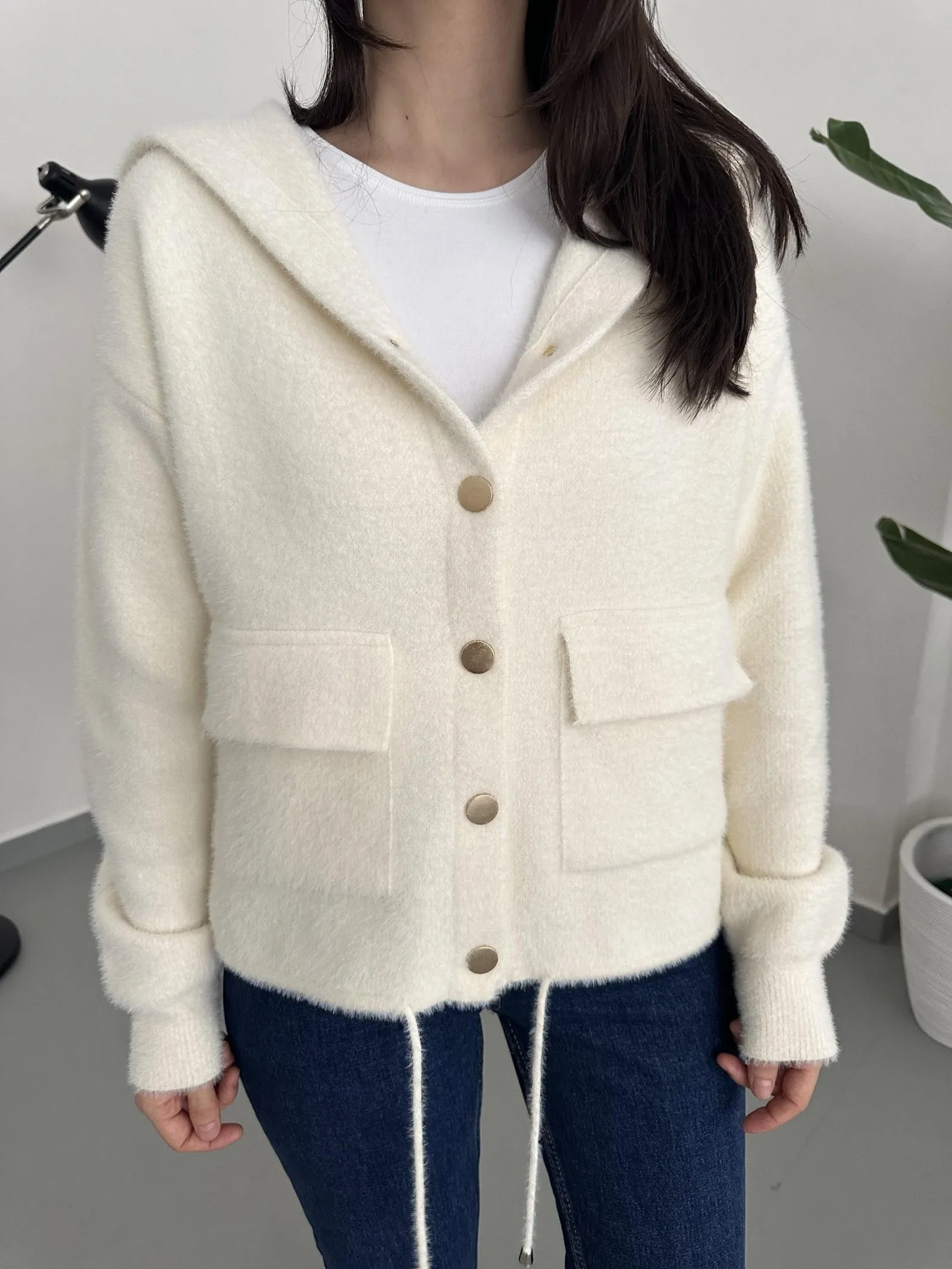 Ultrazachte Pluche Hoodie Jas - Off-White Met Gouden Details - Dames