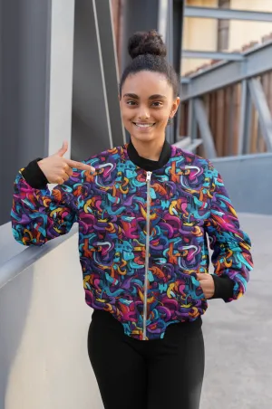 Vibrant Graffiti All-Over Print Bomber Jacket - Trendy Outerwear for All