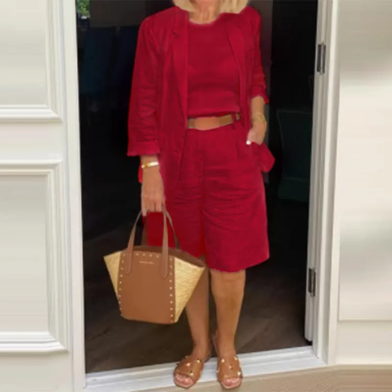 Womens Casual Two-Piece Open Front Top & Bermuda Shorts Set