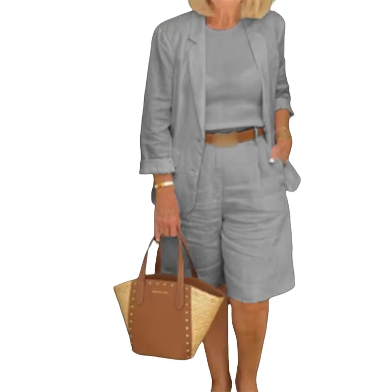 Womens Casual Two-Piece Open Front Top & Bermuda Shorts Set
