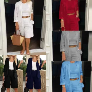 Womens Casual Two-Piece Open Front Top & Bermuda Shorts Set