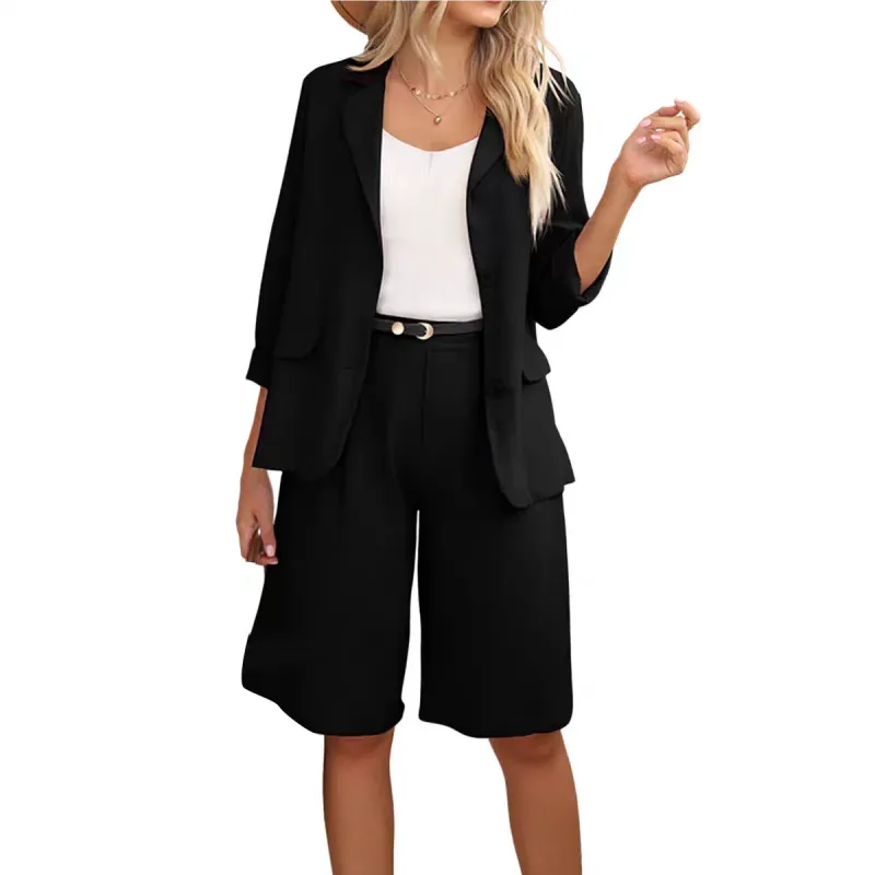 Womens Casual Two-Piece Open Front Top & Bermuda Shorts Set