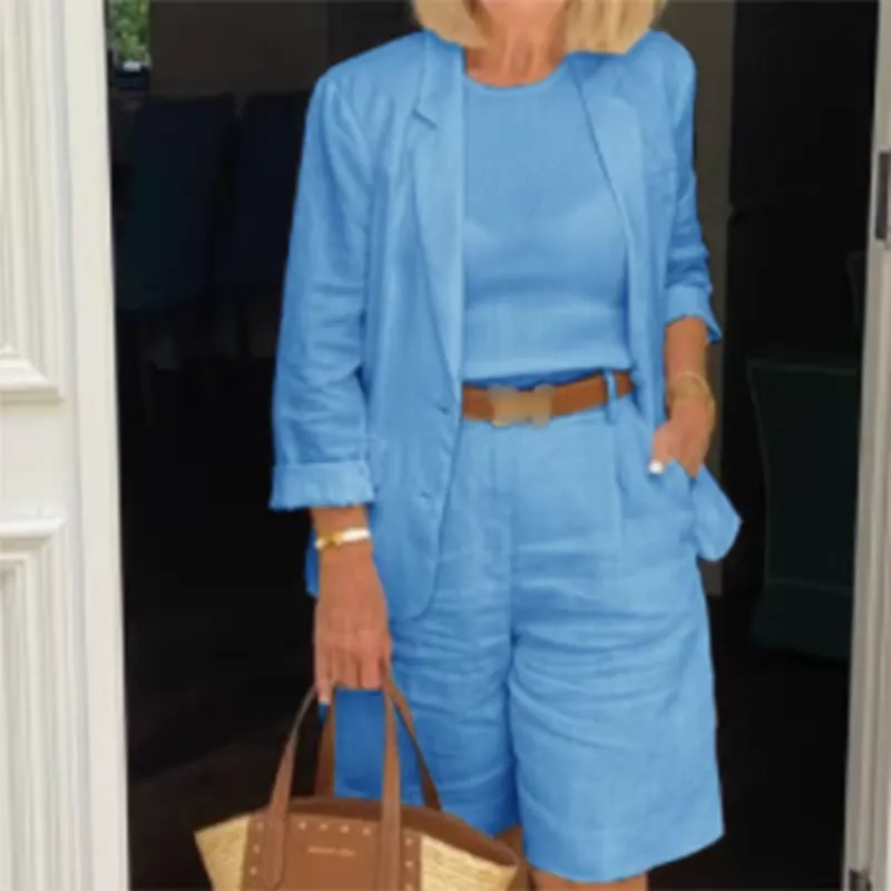 Womens Casual Two-Piece Open Front Top & Bermuda Shorts Set