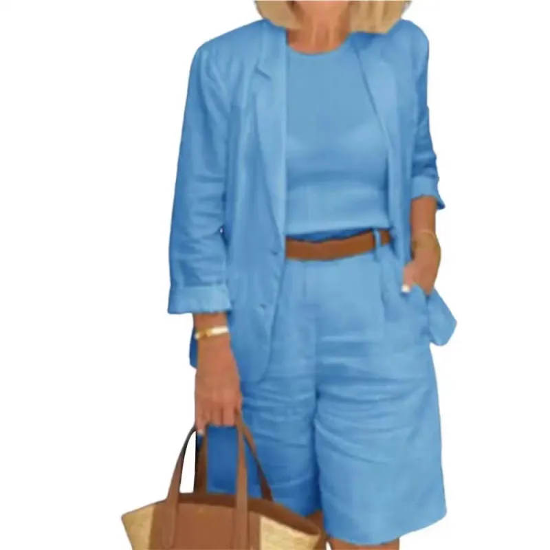 Womens Casual Two-Piece Open Front Top & Bermuda Shorts Set