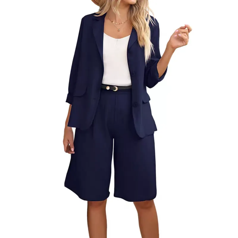 Womens Casual Two-Piece Open Front Top & Bermuda Shorts Set