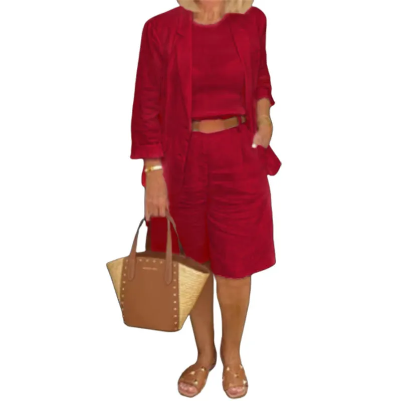Womens Casual Two-Piece Open Front Top & Bermuda Shorts Set