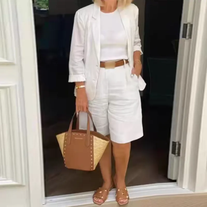 Womens Casual Two-Piece Open Front Top & Bermuda Shorts Set