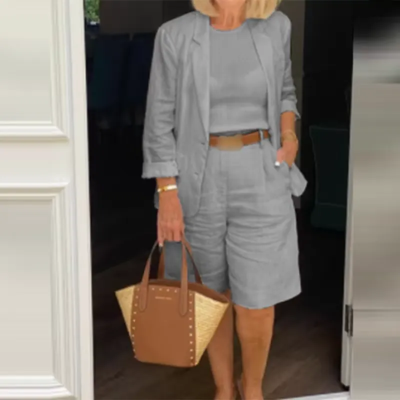 Womens Casual Two-Piece Open Front Top & Bermuda Shorts Set